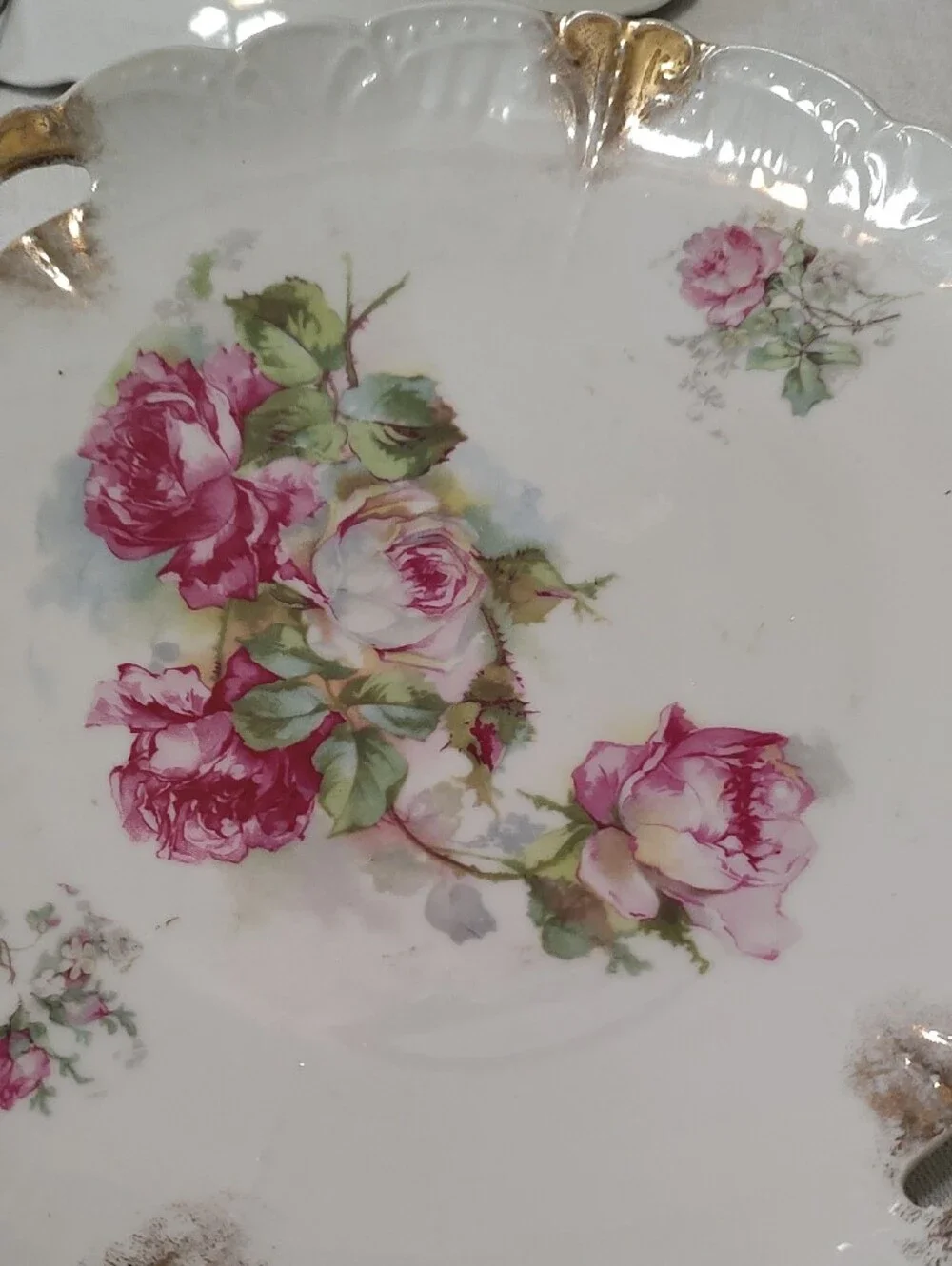 Beautiful White Porcelain Serving Plates with Pink Rose and Gold Trim And hanger